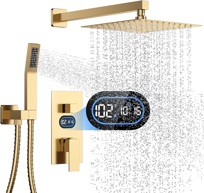 Shower Faucet Set with Hydro Power Temperature Display, Shower System Bathroom 12 Inches Shower Head with Handheld Spray, Wall Mounted Shower Fixtures with Shower Valve and Trim Kit, Brushed Gold
