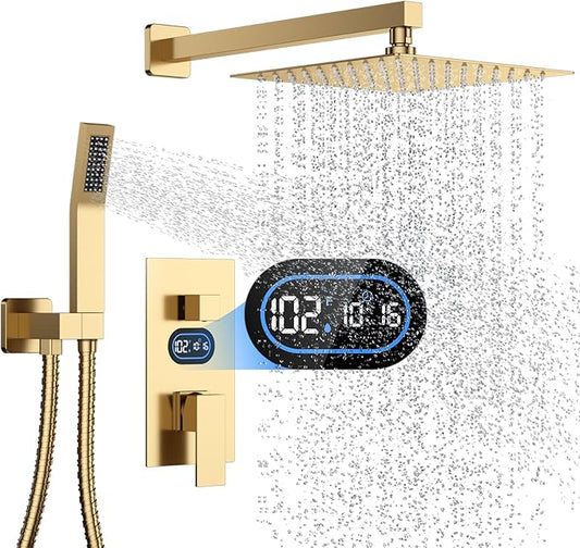 Shower Faucet Set with Hydro Power Temperature Display, Shower System Bathroom 12 Inches Shower Head with Handheld Spray, Wall Mounted Shower Fixtures with Shower Valve and Trim Kit, Brushed Gold