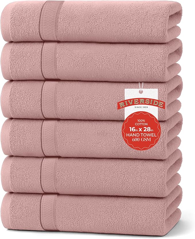 RIVERSIDE 6 Pack Premium Hand Towels Set, 16x28 inches, 100% Ring Spun Cotton, 600 GSM, Soft, Quick Dry and Highly Absorbent, Towels for Bathroom, Kitchen, Gym, Spa - Dusty Rose