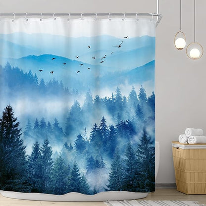 Riyidecor Navy Blue Mountain Shower Curtain 72Wx84H Inch Extra Long Woodland Scenery Park Scene View Natural Foggy Pine Tree Alpine Cool Men Bathroom Decor Fabric Polyester Waterproof 12 Pack Hooks