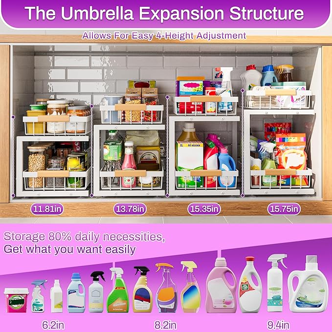 ADBIU Under Sink Organizer, 2 Pack 2 Tier Expandable Height (White, XL) Under-Sink Bathroom Kitchen Organizers And Storage