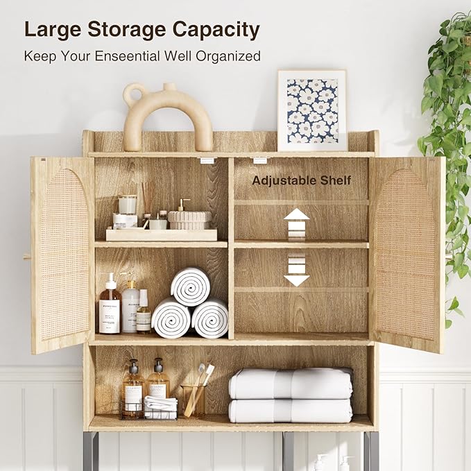 Rattan Over The Toilet Storage Cabinet with Adjustable Shelf and Large Space, Bathroom Organizers and Storage Over Toilet with Rattan Door, Metal Stand, Tall Storage Shelves Above Toilet, Natural