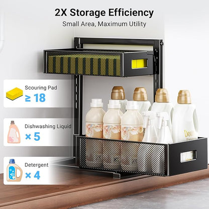 Under Sink Organizer, Metal Under Sink Organizers and Storage, Slide Out Pull Out Cabinet Organizer for Kitchen, Bathroom, Pantry, Laundry, Study, Black