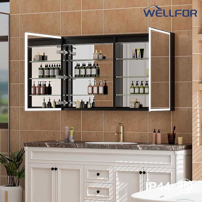 WELLFOR 48" X 30" LED Mirrored Medicine Cabinet, Medicine Cabinets with Lights for Bathroom, Defogging Function Mirror Cabinet, Bathroom Medicine Cabinet with USB Port & Outlet, Double Opening Doors