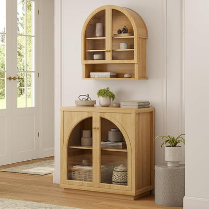 Large Arched Wall Cabinet with Acrylic Door, Large Wooden Wall Mounted Bathroom Cabinet, Modern Hanging Medicine Cabinet with Adjustable Shelf and Open Shelf, Natural Oak