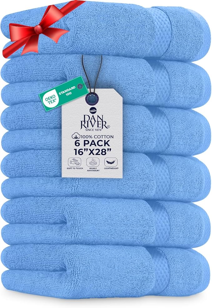 DAN RIVER 6-Pack Premium Hand Towels (16x28 Inches) - 100% Cotton, Ultra Soft, Lightweight, Highly Absorbent Towels for Bathroom, Spa, Gym, Salon, Hotel, and Travel - 550 GSM – M-Blue