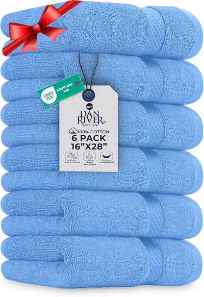 DAN RIVER 6-Pack Premium Hand Towels (16x28 Inches) - 100% Cotton, Ultra Soft, Lightweight, Highly Absorbent Towels for Bathroom, Spa, Gym, Salon, Hotel, and Travel - 550 GSM – M-Blue
