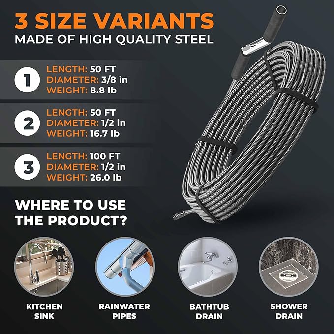 drain snake 3.0 [50 FT] - extremely long - Ideal plumbing snake for heavy & deep blockages - The drain auger for real do-it-yourselfers! (50 FT - 3/8 inch)
