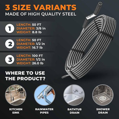 drain snake 3.0 [50 FT] - extremely long - Ideal plumbing snake for heavy & deep blockages - The drain auger for real do-it-yourselfers! (50 FT - 3/8 inch)