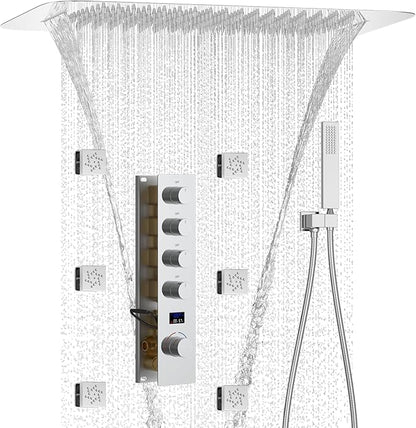 Polished Chrome Digital Display Shower System with 16X24 inch Ceiling Mounted Shower Head(Rain&Waterfall Modes), with Handheld Spray and 6 PCS Dual Modes Body Jet