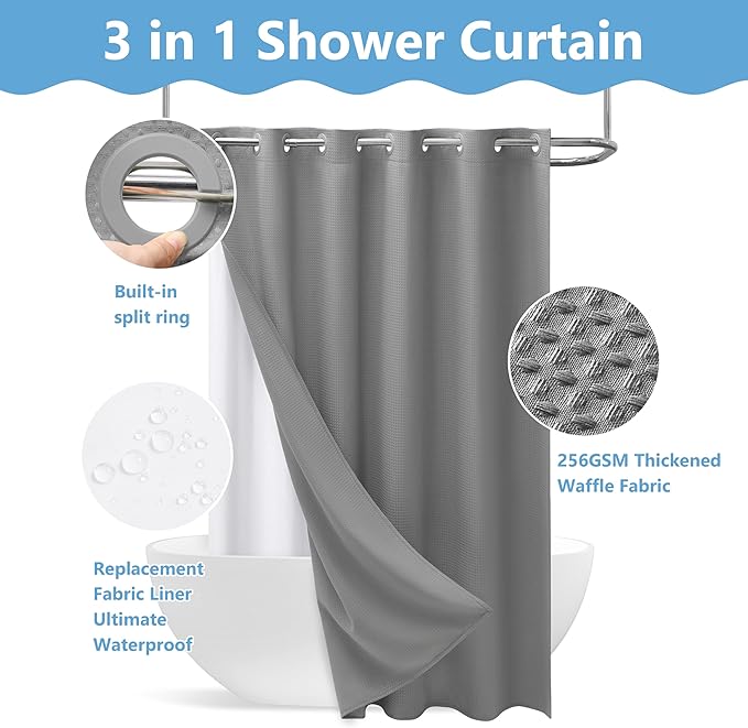 No Hook Waffle Weave Shower Curtain with Snap-in Fabric Liner,256GSM Heavy Duty Fabric Shower Curtain Set,Dark Grey Waterproof Washable Luxury Shower Curtain for Bathroom Stall(72x75 Inch)