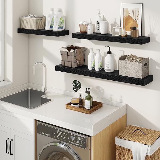 fuqing Floating Shelves for Wall, Wall Mounted Wood Floating Shelf with Invisible Brackets for Living Room, Bathroom, Bedroom, Kitchen Storage and Decor, 16 Inch Set of 2, Black