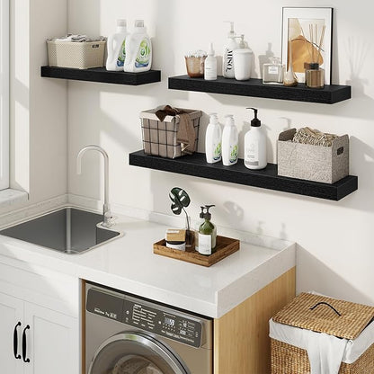 fuqing Floating Shelves for Wall, Wall Mounted Wood Floating Shelf with Invisible Brackets for Living Room, Bathroom, Bedroom, Kitchen Storage and Decor, 30 Inch Set of 2, Black