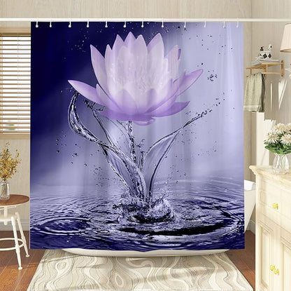 Lotus Shower Curtain Black White Violet Flower Elegant Blooming Floral with Dew Spring Flower Reflection on Water Modern Romantic Polyester Fabric Bathroom Decor 70×84 Inch with Hook