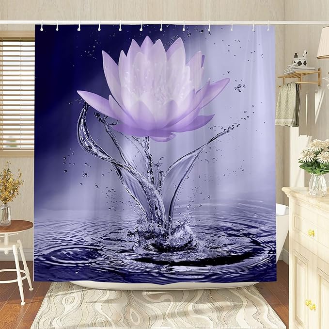 Lotus Shower Curtain Black White Violet Flower Elegant Blooming Floral with Dew Spring Flower Reflection on Water Modern Romantic Polyester Fabric Bathroom Decor 86×70 Inch with Hook