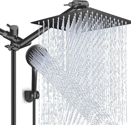 Shower Head Combo,10 Inch High Pressure Rain Shower Head with 11 Inch Adjustable Extension Arm and 5 Settings Handheld Powerful Shower Spray Against Low Pressure Water - Matte Black
