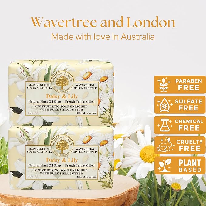 Wavertree & London Daisy & Lily Scented Natural Soap (2 Bars), 7oz Moisturizing French Triple Milled Soap Bars enriched with shea butter - Pure Plant Based Bath & Body Bars for All Skin Types
