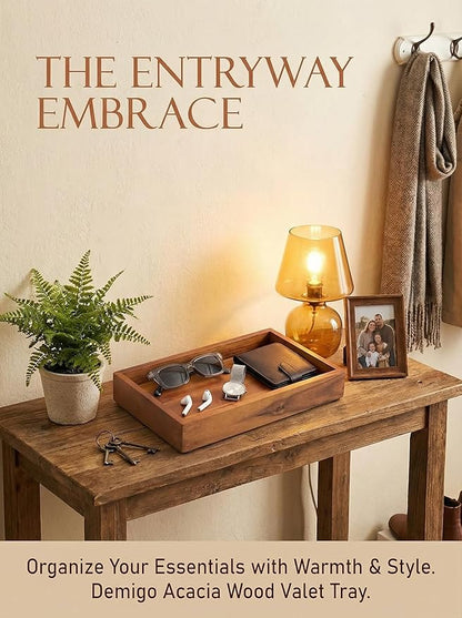 Demigo Acacia Wood Valet Tray & Catchall - 12.2x6 Inch Organizer for Nightstand, Entryway, Dresser - Holds Keys, Wallet, Phone, Jewelry (Brown)