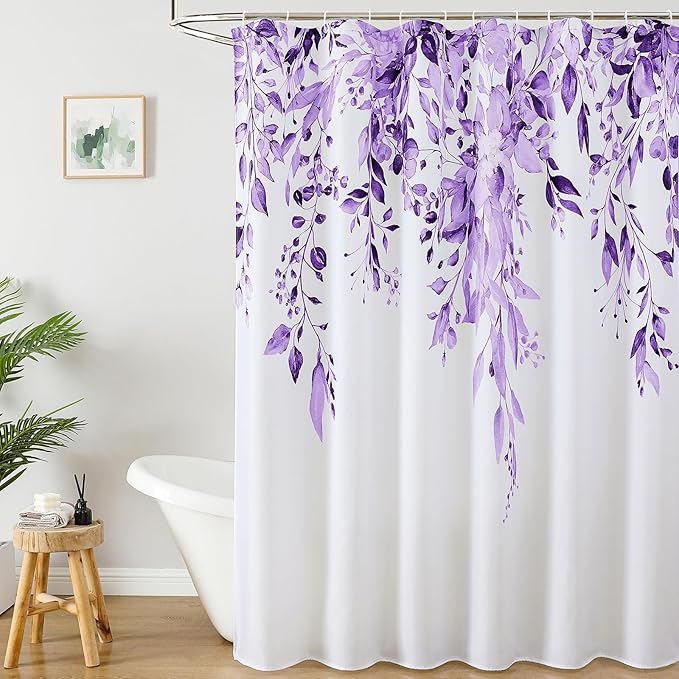 Colorful Star Purple Eucalyptus Waterproof Shower Curtain Set with Hooks, Minimalist Watercolor Floral Print Bathroom Décor, Plant Leaves Washable Fabric Shower Curtain, 72 x 72 Inch