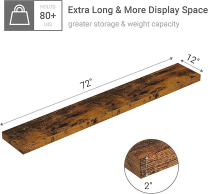 Vivelove 12 Inch Deep Floating Shelves 72 inch Long, 72 x 12 Wide Wall Shelves with Invisible Brackets, for Bedroom Bathroom Living Room Kitchen Office, Farmhouse Home Decor, Set of 1, Rustic Brown