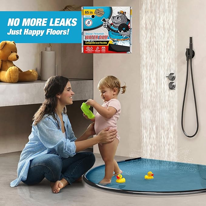 Shower Threshold Water Dam Barrier 65" - Black Collapsible Shower Water Blocker - Guard for Walk in Shower - Water Guard Stopper for Floor - Shower Door Water Blocker by Hippo Dam