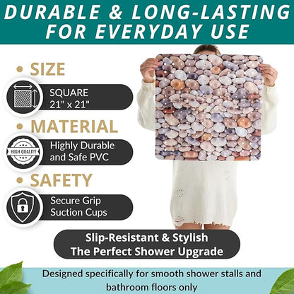 ENKOSI Square Shower Mat 21x21 inch - Anti Slip Shower Stall Floor Mat - Non Slip Shower Mats with Strong Secure Suction Cups and Drain Holes in Middle (21x21 Pebble Stone)
