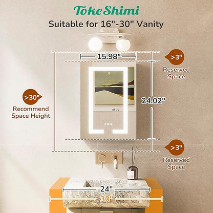 TokeShimi 16x24 Surface Mount or Recessed Medicine Cabinet with Lights 3 Colors Dimmable, Led Medicine Cabinet Mirror with Outlet and Defogger,2-Side Front Lit Bathroom Mirror with Storage