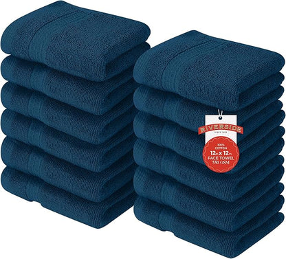 RIVERSIDE 12 Pack Premium 100% Cotton Face Washcloths, 550 GSM, 12 x 12 Inches, Soft, Absorbent Towels for Body & Shower, Bathroom Wash Clothes, Durable Face Towels Set for Spa, Gym, Opal Blue