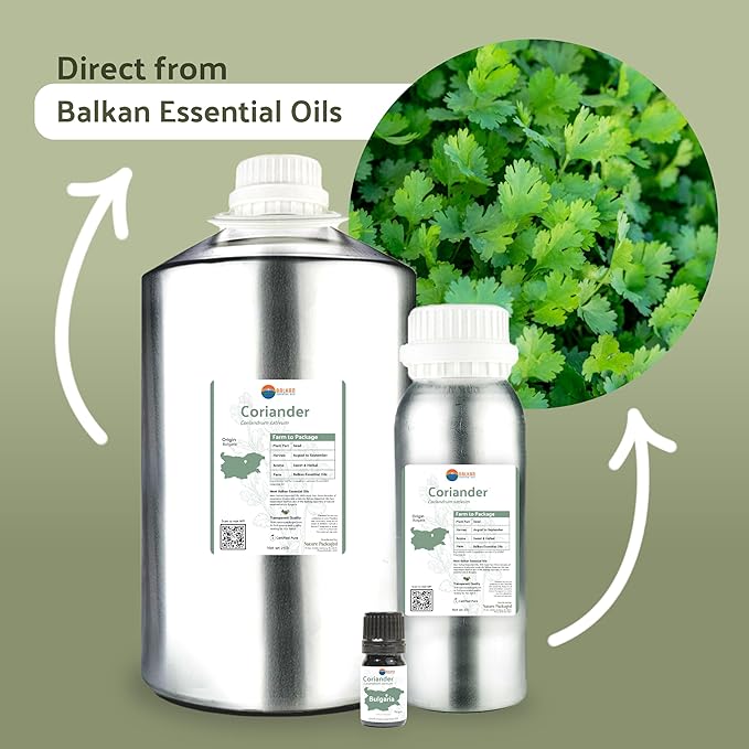 Coriander Essential Oil - Direct from Bulgarian Balkan Mountains - Steam Distilled - Aceite Cilantro for Aromatherapy, Massage, Diffuser, DIY Candle and Soap Making - 2lbs