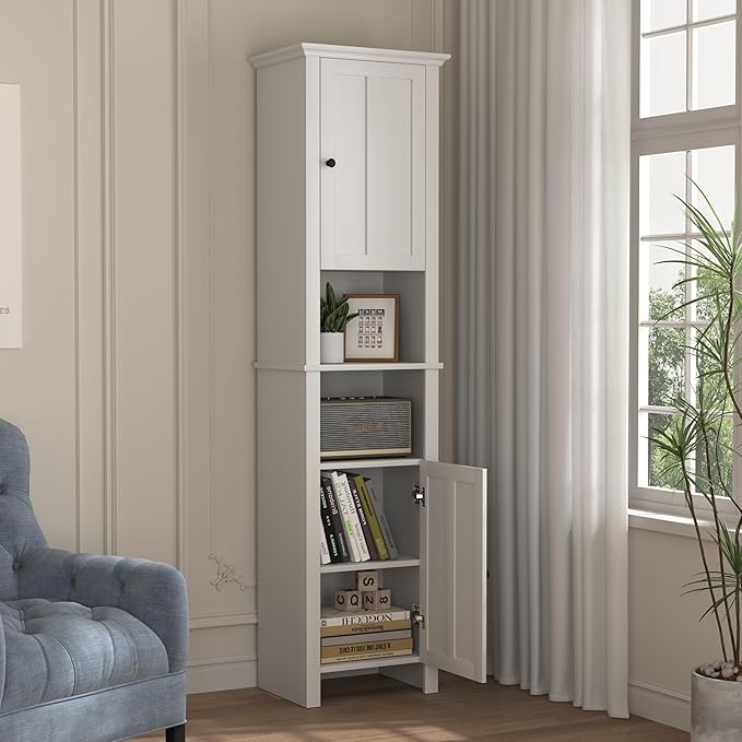 Tall Bathroom Storage Cabinet with Adjustable Shelves,66.92" H Slim 1-Door Freestanding Cabinet for Small Spaces, Bathroom,Kitchen, Living Room,White (Farmhouse)