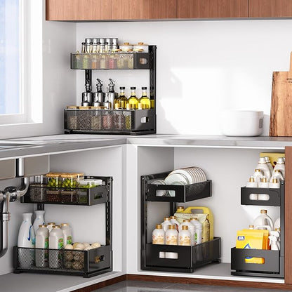 2 Pack Under Sink Organizer, Adjustable Height Under Sink Organizers and Storage, Smooth & Silent Sliding Out Metal Drawer for Kitchen Bathroom Pantry Cabinet Closet (Black)