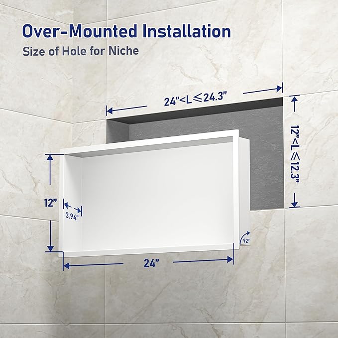 Stainless Steel Shower Niche 24" X 12" White No Tile Needed Niche Shower Recessed Wall Horizontal Niches for Bathroom Storage Over Mount Installation