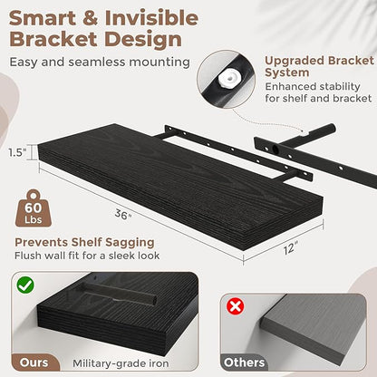 36 Inch Floating Shelves for Wall Set of 2, 12"D Wood Grain Bathroom Shelves with Invisible Brackets, Easy Install Engineered Wood Storage Shelves for Kitchen, Living Room, Bedroom, Black Finish