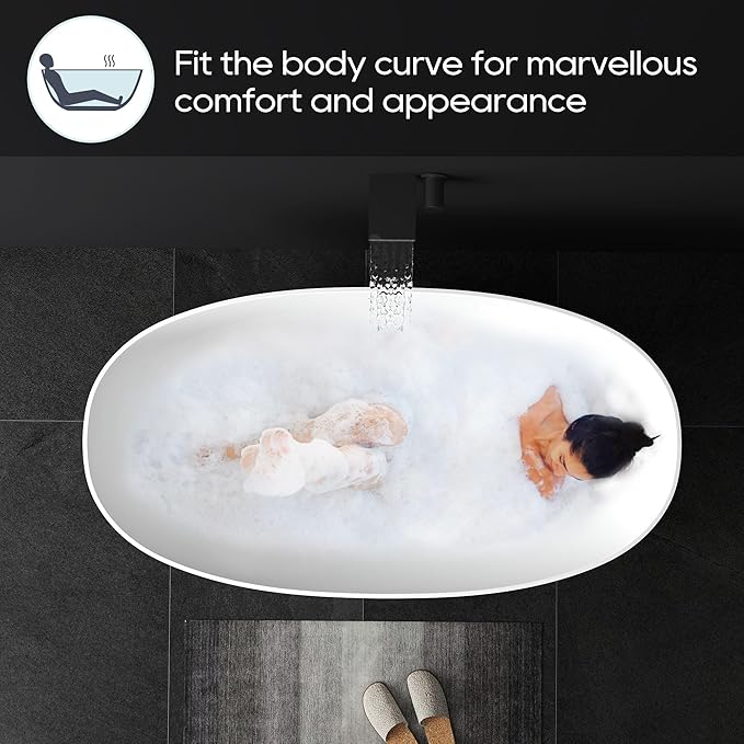 SJ STAR&JANE 51" Solid Surface Freestanding Bathtub, Stone Resin Oval Soaking Tub, Matte White，with Pop-up Drain & Overflow