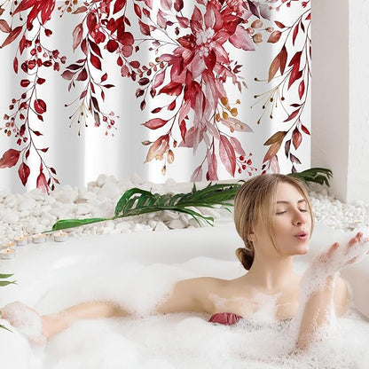 Gibelle Small Stall Shower Curtain 36 x 72, Narrow Half Burgundy Red Floral Shower Curtain for Bathroom, Watercolor Plant Eucalyptus Leaves Fabric Shower Curtain Set