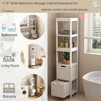 HOMEFORT Bathroom Storage Cabinet, Slim Tall Cabinet, Narrow Floor Cabinet Organizer, Wooden Linen Tower with 2 Drawers and 3 Shelves, Freestanding Cupboard White