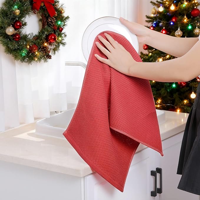Homaxy 100% Cotton Waffle Weave Kitchen Dish Towels, Ultra Soft Absorbent Quick Drying Cleaning Towel, 13 x 28 Inches, 8-Pack, Brick Red