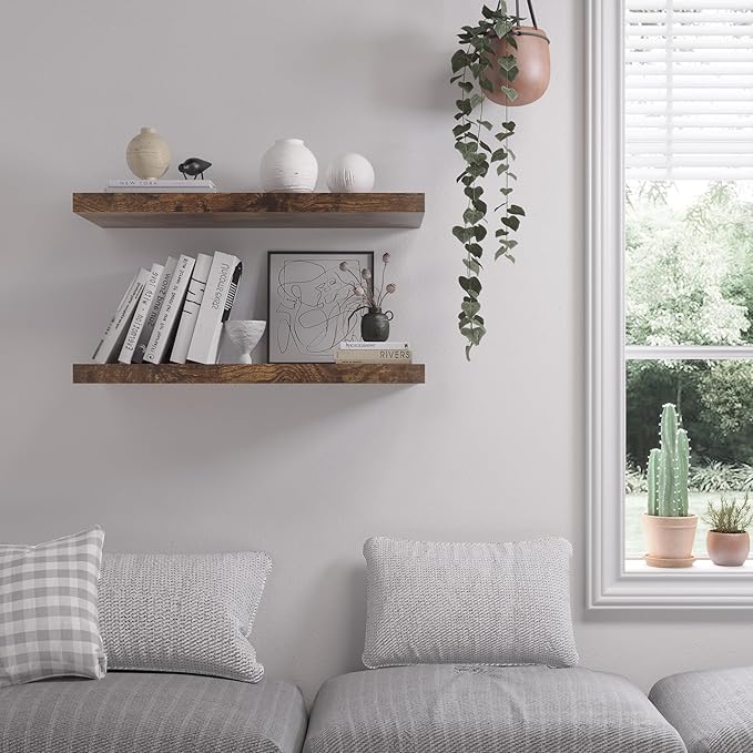 Floating Shelf, Set of 3 Wall Shelf, 24 in W x 12.75 in D x 2 in H Wooden Floating Wall Shelf with Invisible Brackets for Living Room/Bedroom/Bathroom/Kitchen Storage and Decor, Rustic Brown