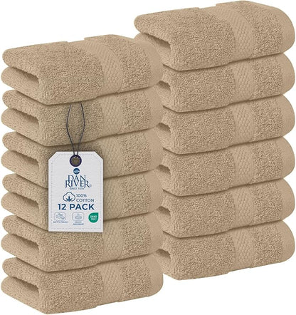 DAN RIVER 12-Pack Premium 100% Cotton TAN Face Towels – Reusable Face Towel Set, Soft & Absorbent wash Cloths for Body – Hand and Face Towels, 550 GSM (12x12 in)
