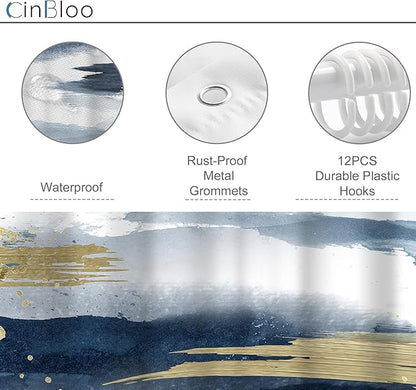 Cinbloo Navy Blue Marble Shower Curtain 60Wx72H Abstract Modern Ombre Gold Minimalist Bathroom Curtain Set Man Woman Aesthetic Oil Painting Ink Bath Curtain Fabric Bathroom Decor with 12 Hooks
