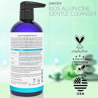 PURA D'OR Kids Wash (16oz x 3 = 48oz) All-in-One Gentle Cleanser - USDA Biobased, Sulfate-Free, Tear-Less, Hypoallergenic, Premium, Shampoo & Bubble Bath