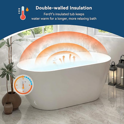 FerdY 59" Bali Acrylic Freestanding Bathtub, Gracefully Shaped Freestanding Soaking Bathtub, cUPC Certified, Toe-Tap Polished White Drain and Minimalist Linear Design Overflow Included