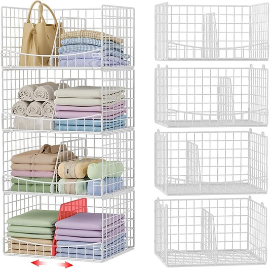 Divided 4-Tier Stackable Closet Organizers and Storage Basket, Foldable Closet Shelf Organizer Systems for Clothing Sweaters, Wardrobe Cupboard, White