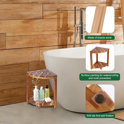 Bathroom Corner Shower Stool with Storage Shelf, Shower Feet Stool, Non-Slip Adjustable Feet Drain Holes, for Shaving Legs, SpacemSaving Shower Bench with Storage for Small Spaces