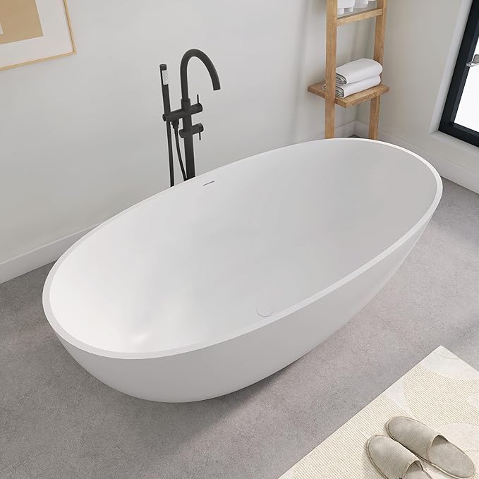 SJ STAR&JANE 61" Solid Surface Freestanding Bathtub, Oval Soaking Tub with Overflow and Pop-up Drain for Bathroom