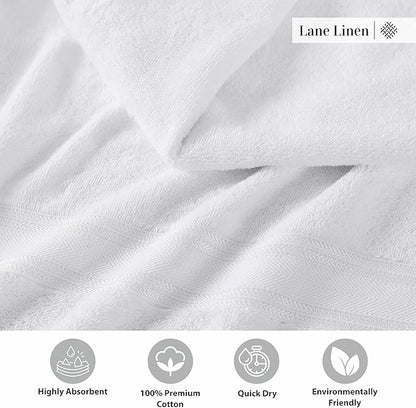 LANE LINEN Towel Set of 18 – Premium 100% Cotton, Zero Twist, 6 Large Bath Towel, 6 Hand Towels & 6 Wash Cloths, Quick Dry & Long-Lasting, Perfect for Family Bathrooms, Easy Care – White Towels