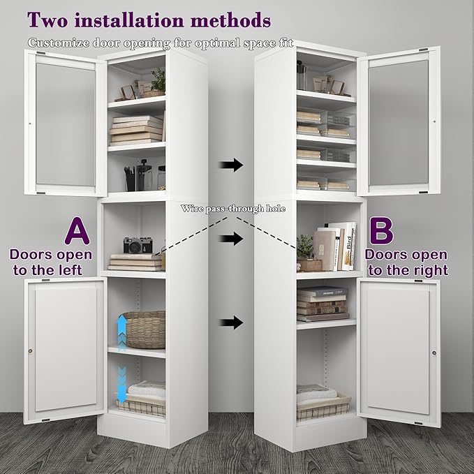 COFaR 67" Tall Metal Bathroom Storage Cabinet,6-Tier Narrow Cabinet with Glass Doors and Adjustable Shelves,Linen Cabinet for Small Spaces,Tall Cabinet for Bathroom,Living Room,White