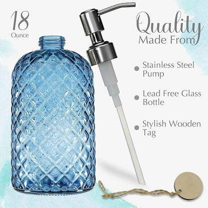 JASAI 18Oz Gem Patterned Glass Soap Dispenser for Kitchen, Refillable Hand soap Dispenser with Rust Proof Stainless Steel Pump, Clear Soap Dispenser Bathroom for Dish Soap, Hand soap, Lotion(Blue)