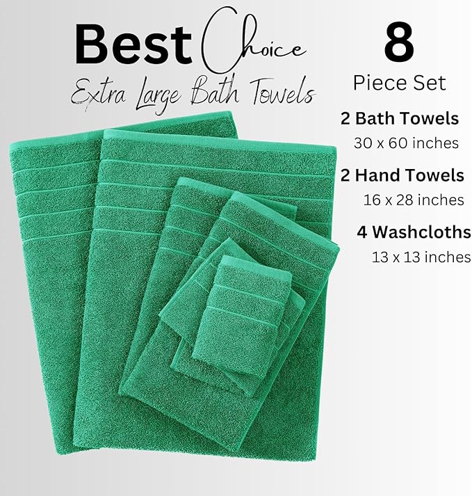 Casa Platino 100% Mercerized Cotton Bathroom Towel Set - 8 Pieces, Hotel Quality - Super Soft & Highly Absorbent - Ring Spun - 2 Large Bath Towels, 4 Washcloths, 2 Hand Towels - Family Pack - Emerald