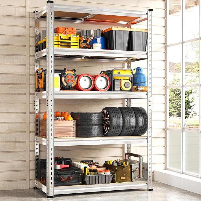 REIBII Storage Shelves 2020LBS Garage Shelving Heavy Duty 5 Tier Metal Shelving Adjustable Pantry Shelves for Garage Pantry Closet Kitchen Basement 28" W x 12" D x 59.8" H, Silver